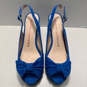 Sacha London Blue Suede Leather Peep Toe Slingback Heels Bow Size 8 Evening